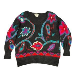 Vintage Jennifer Reed Neiman Marcus Hand Knit Floral Pattern Sweater Size L
